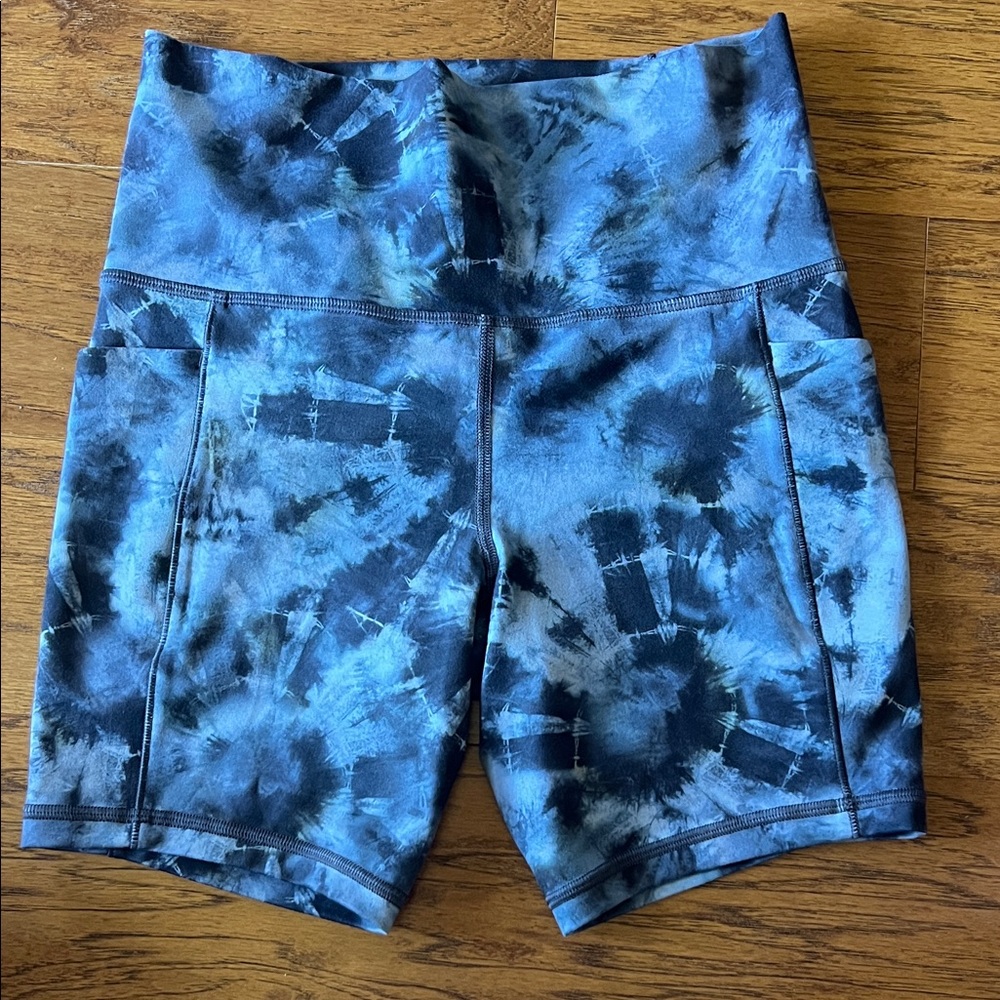 Athleta Blue Tie-Dye High-Waist Bike Shorts with side pockets